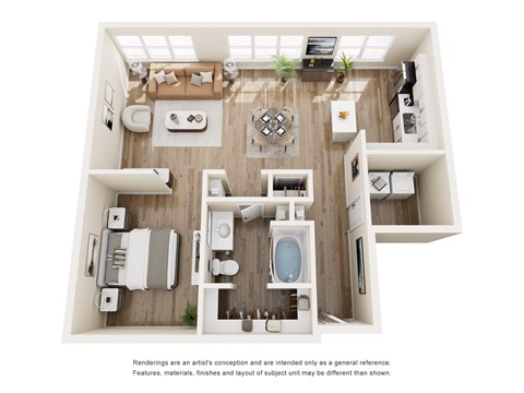 A top-down view of a small, modern apartment with a kitchen, living room, and bathroom.